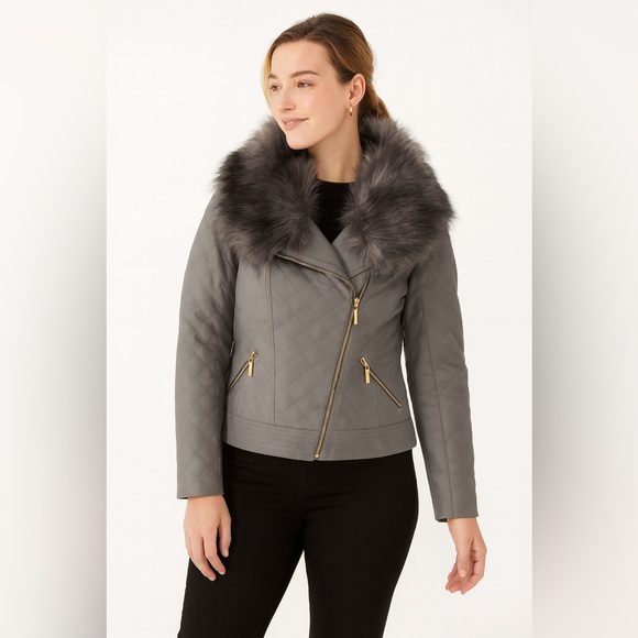 IMAN Jackets & Blazers - IMAN Gunmetal Gray Quilted Leather Jacket with Faux Fur Collar Moto